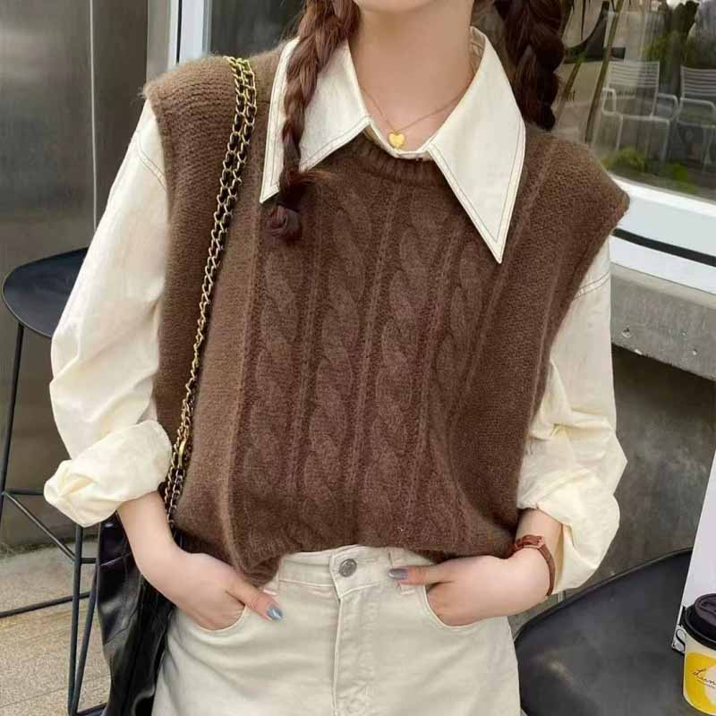 Sleeveless Undershirt - 2025年新作 Oネックニットベスト レディース 無地 ルーズ ノースリーブ