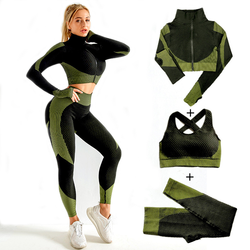 Compression Long Pant - 女性のシームレスなヨガセット,2ピース/3ピース,ジッパー付きトラックスーツ,長袖スポーツブラパンツ,スポーツスーツ,S-XLサイズ