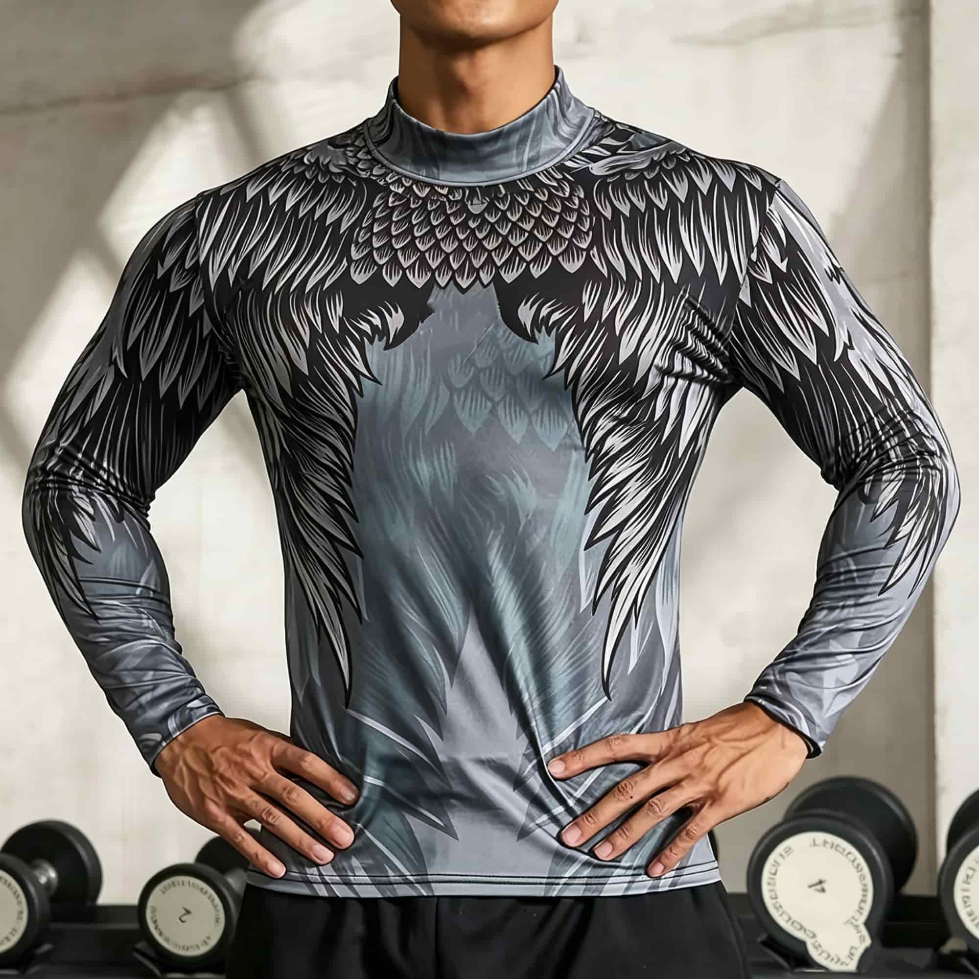 Base Layer Top - メンズアスレチック長袖ベースレイヤー、モックネック、イーグルウィングアートプリント、クイックストレッチトップ、トレーニング、アウトドア、日常着用