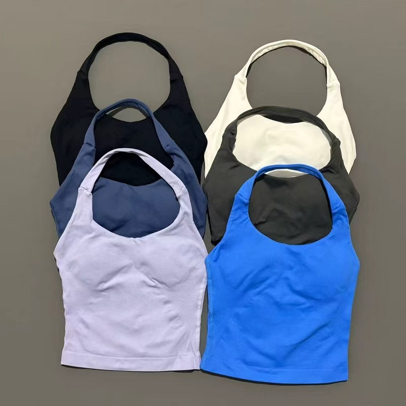 Suspender Tank Top - スポーツジム ホルターネックトップ レディース シームレス ヨガタンク 取り外し可能な胸パッド付き