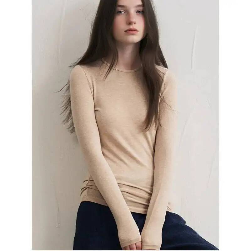 Base Layer Top - レディースカシミヤ混紡長袖トップス 秋冬用 ソフトモーダルストレッチ スリムフィット ラウンドネック ベーシックレイヤリングニットTシャツ