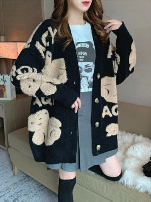 ゆったりとした女性用ニットカーディガン、クマ柄、ミドル丈、オ - Thermal Long John のレビューと価格